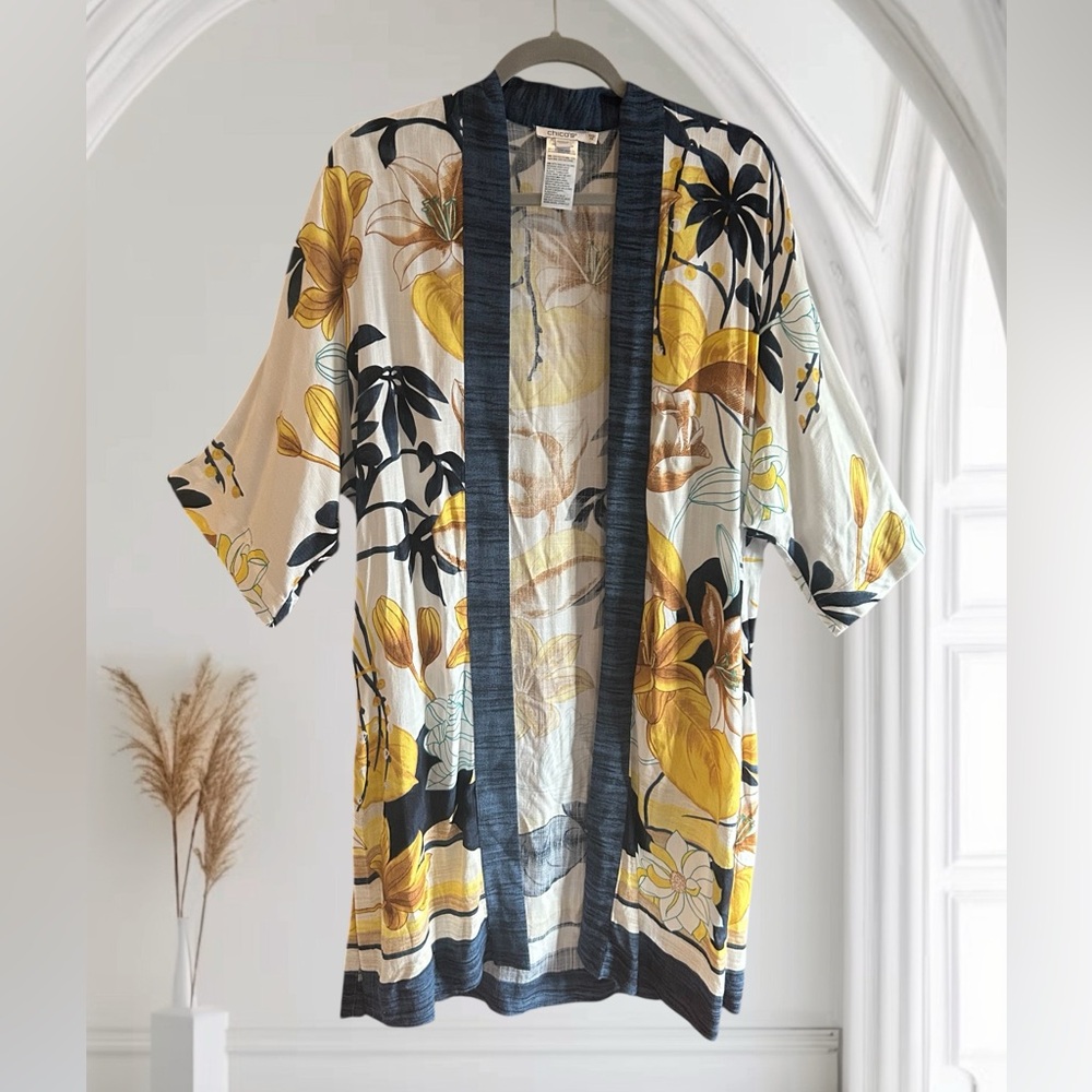 CHICOS Tropical Print Ruana Kimono Robe Cardigan Rayon Blue‎ Yellow XS